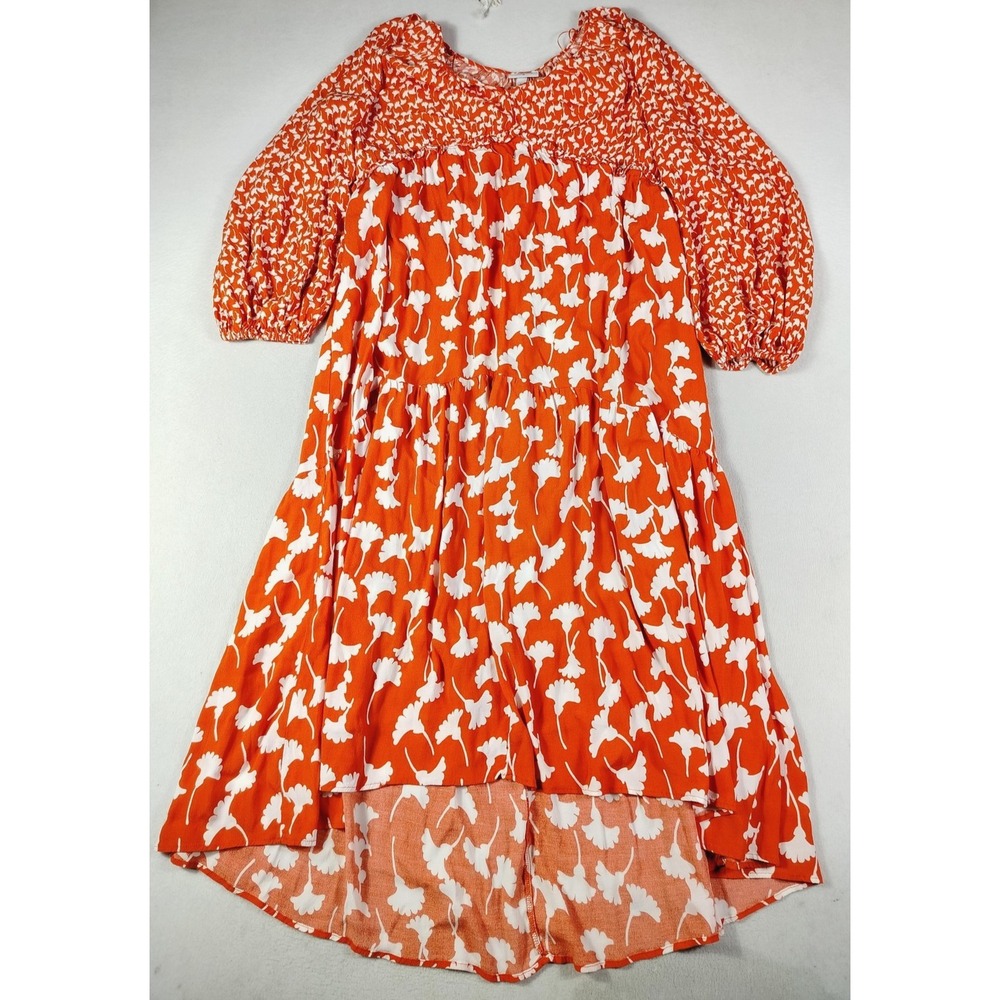 Diane Von Furstenberg Dress Womens 2X Orange Floral Hi‎ Low Balloon Sleeve